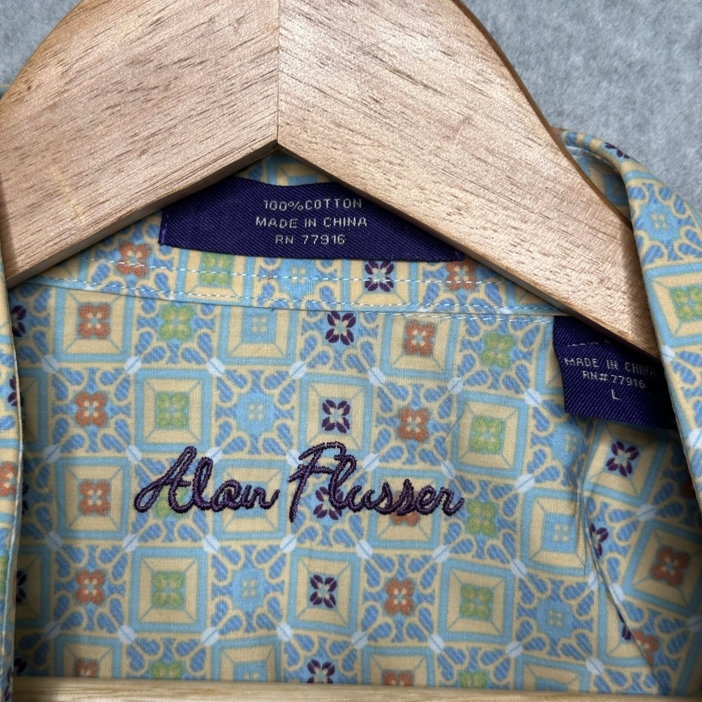 Alan Flusser Mens‎ Geometric Mosaic Print Cotton Button Down Shirt Yellow Blue L - Picture 6 of 6
